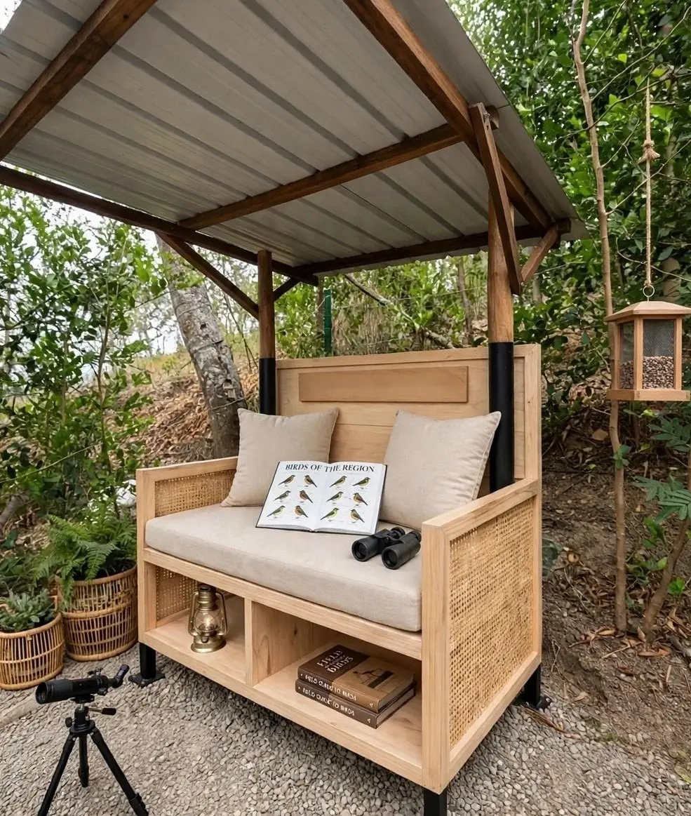 Bird observatory bench with binoculars, spotting scope and a field guide