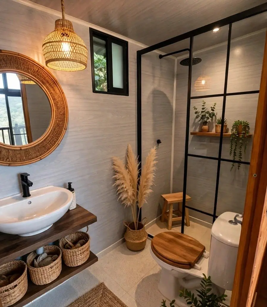 Cabin bathroom with rattan lamp, round mirror and glass shower