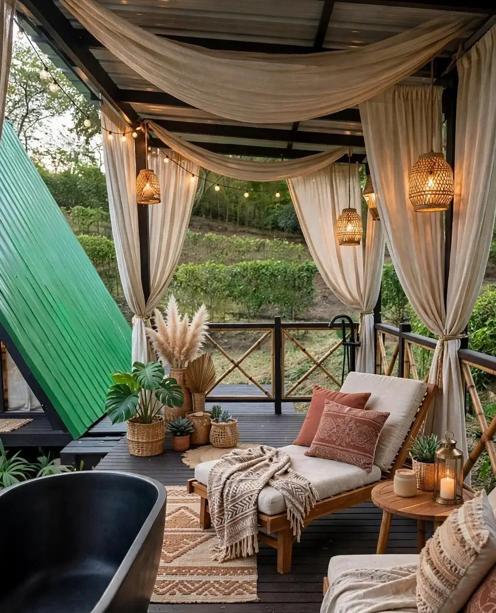 Open-air cabin deck with linen curtains, lounger and black soaking tub