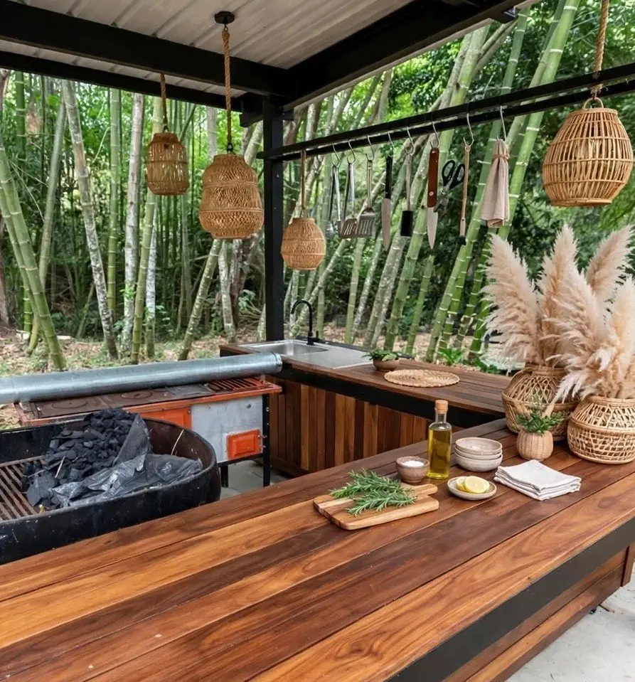 Teak counter and grill in a traditional kitchen surrounded by bamboo