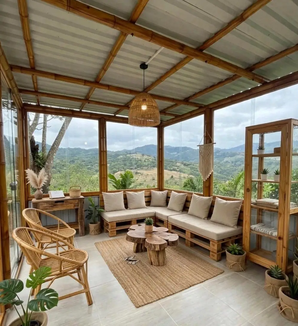 Glass-walled lounge with rattan furniture and mountain views
