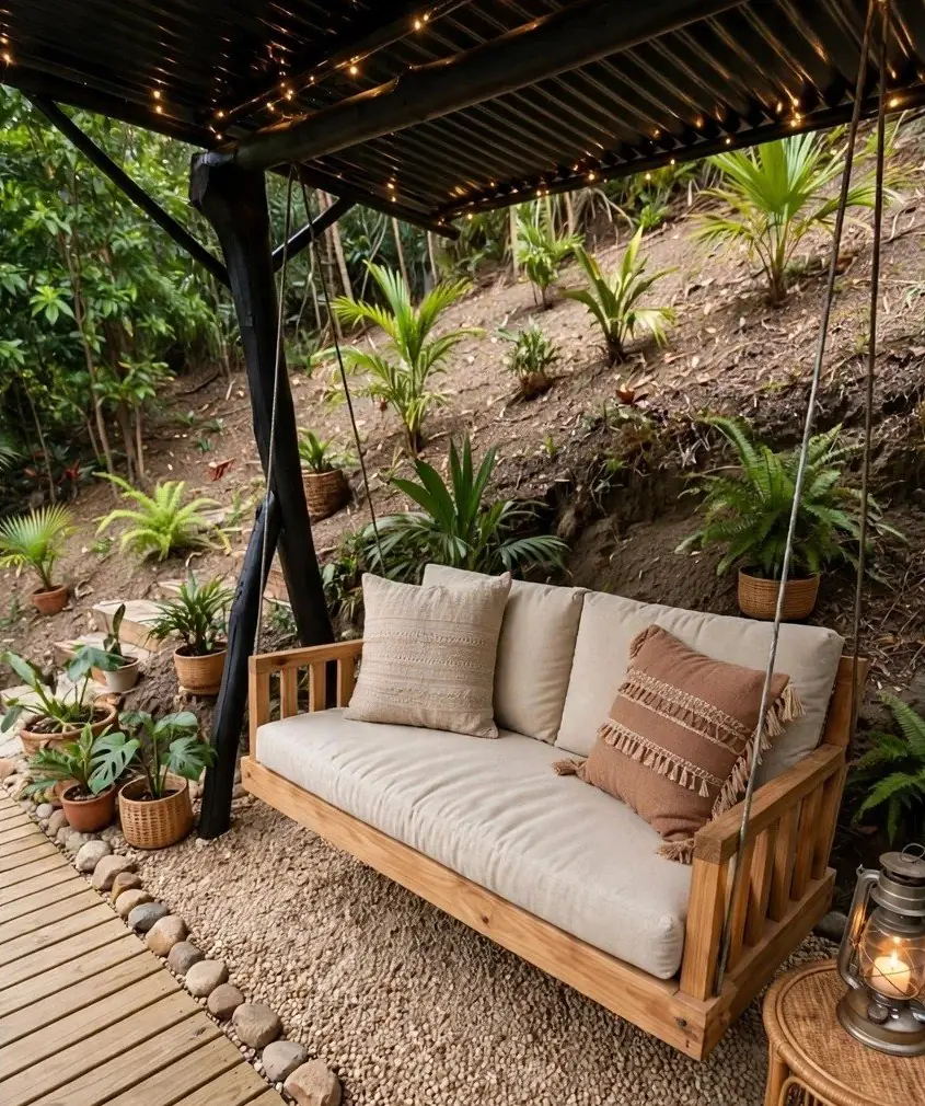 Hanging bench with cushions among tropical plants