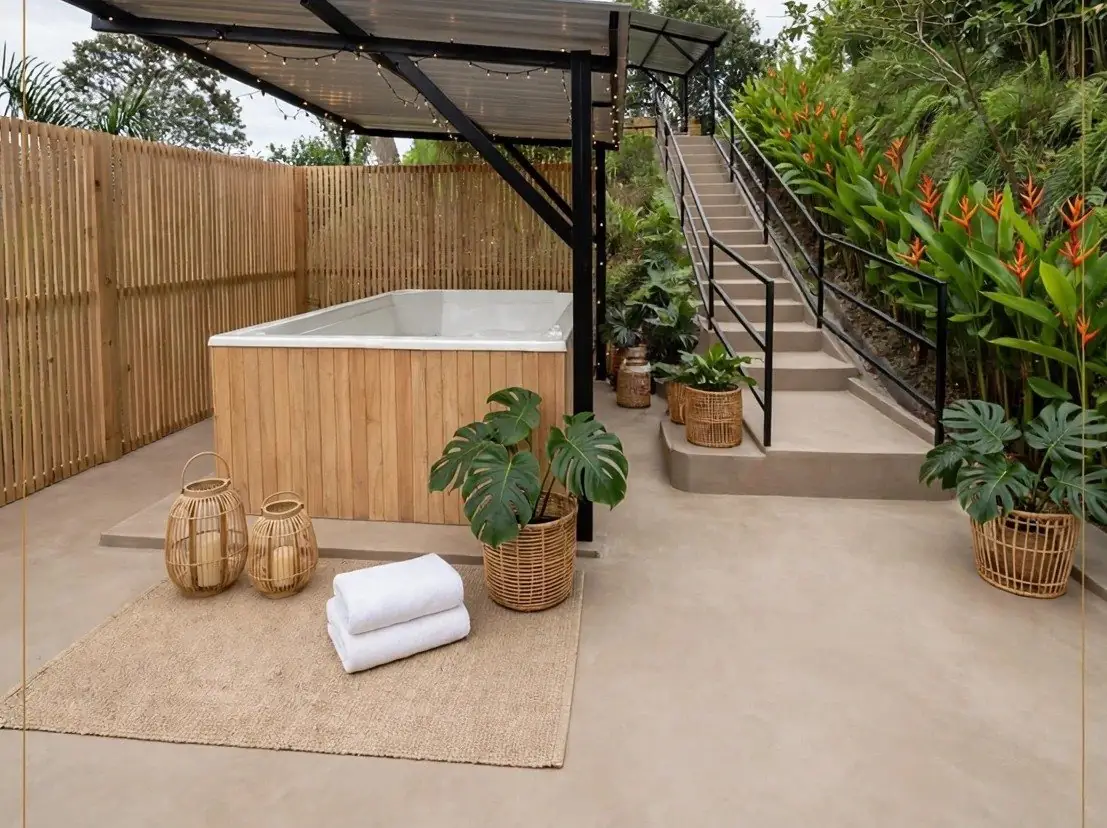 Hot tub on a sand-colored deck surrounded by heliconias and a bamboo fence